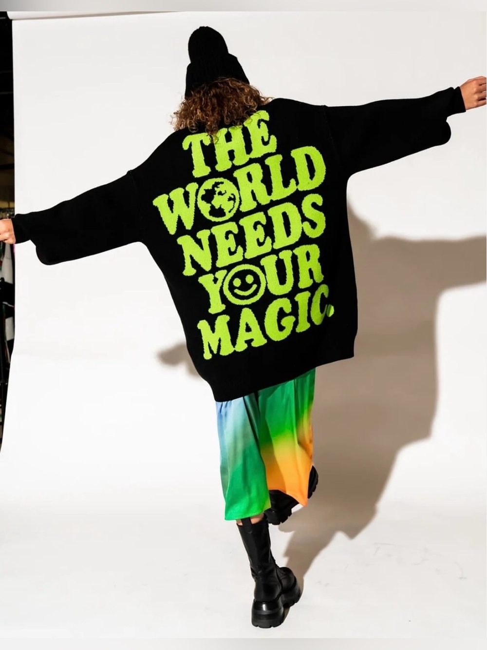 Dressed in LALA Sweater with Neon Green Slogan on Back and Smiley Face Front - Picture 4 of 9